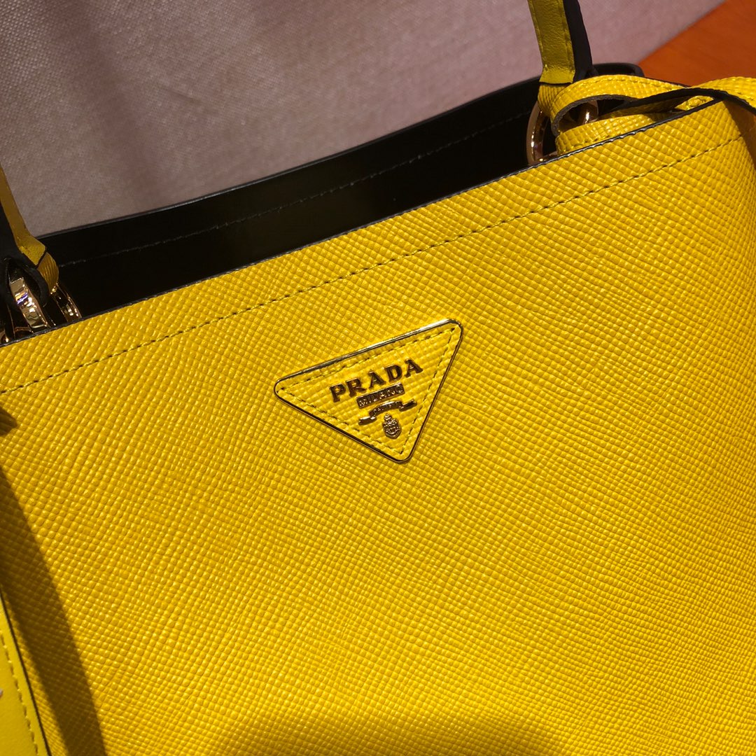 Prada Medium Panier Saffiano Leather Bag Lemon Yellow/Black 1BA212